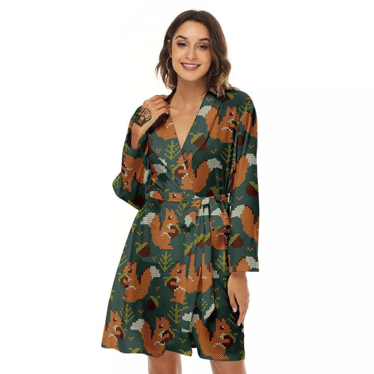 Knitted Squirrel Print Pattern Women's Robe-grizzshop
