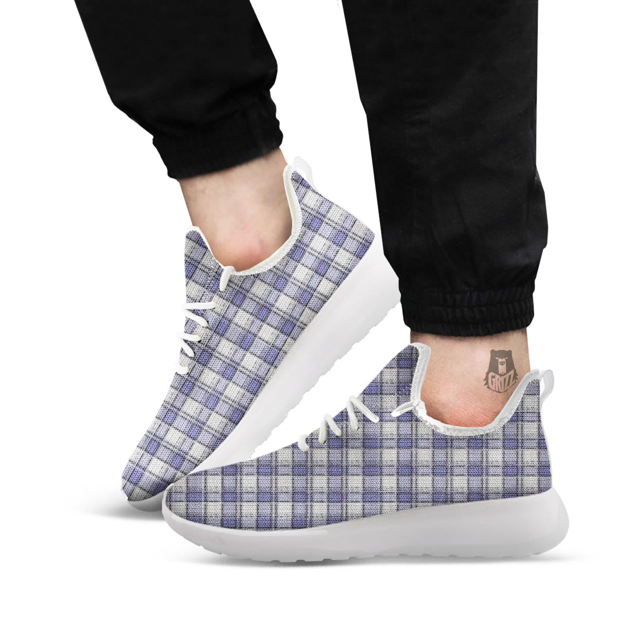 Knitted Tartan Print Pattern White Athletic Shoes-grizzshop