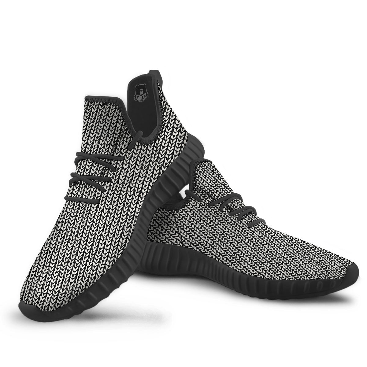Knitted Texture White And Black Print Pattern Black Walking Shoes-grizzshop