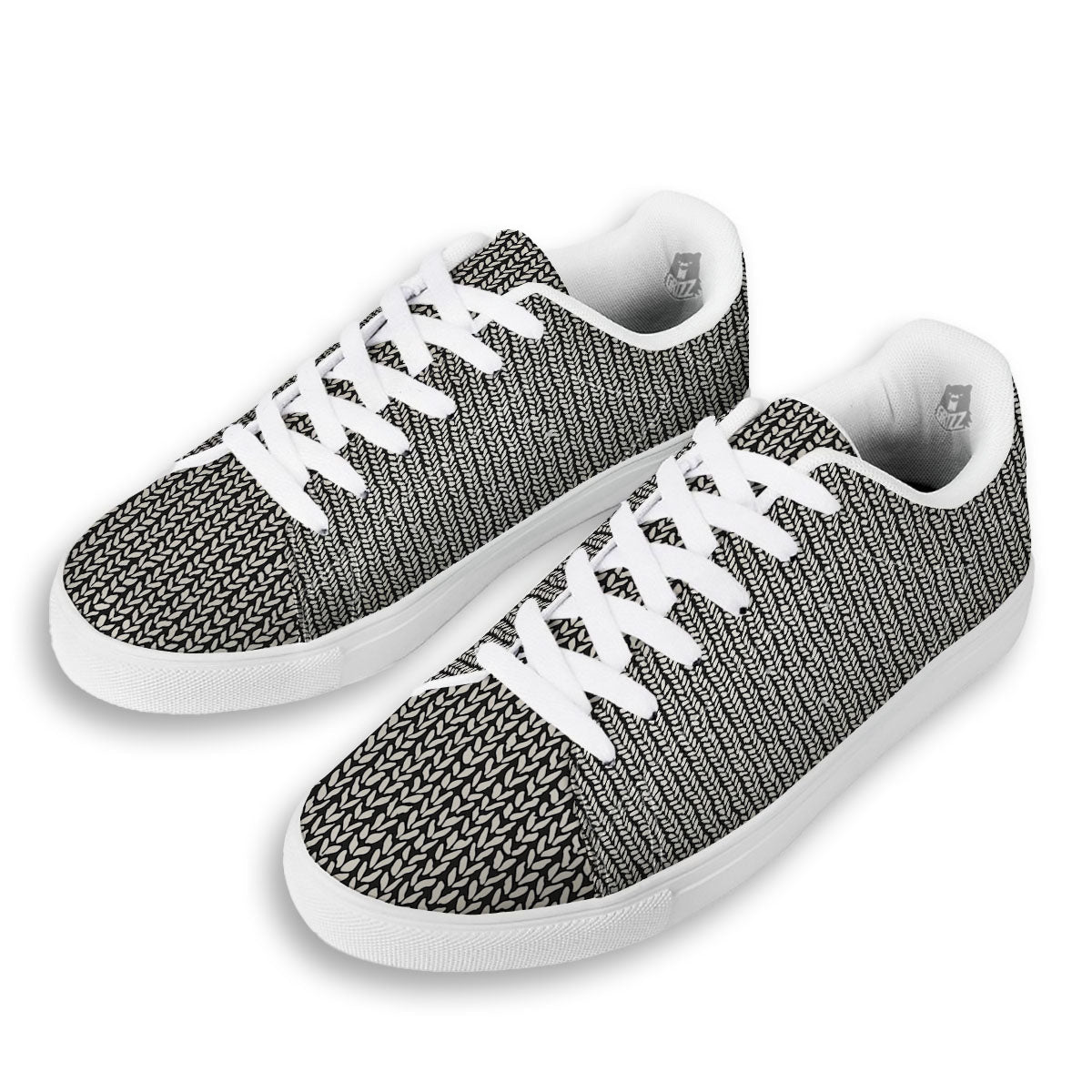 Knitted Texture White And Black Print Pattern White Low Top Sneakers-grizzshop