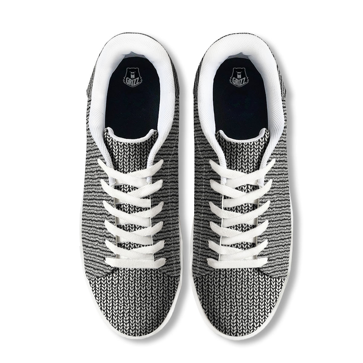 Knitted Texture White And Black Print Pattern White Low Top Sneakers-grizzshop