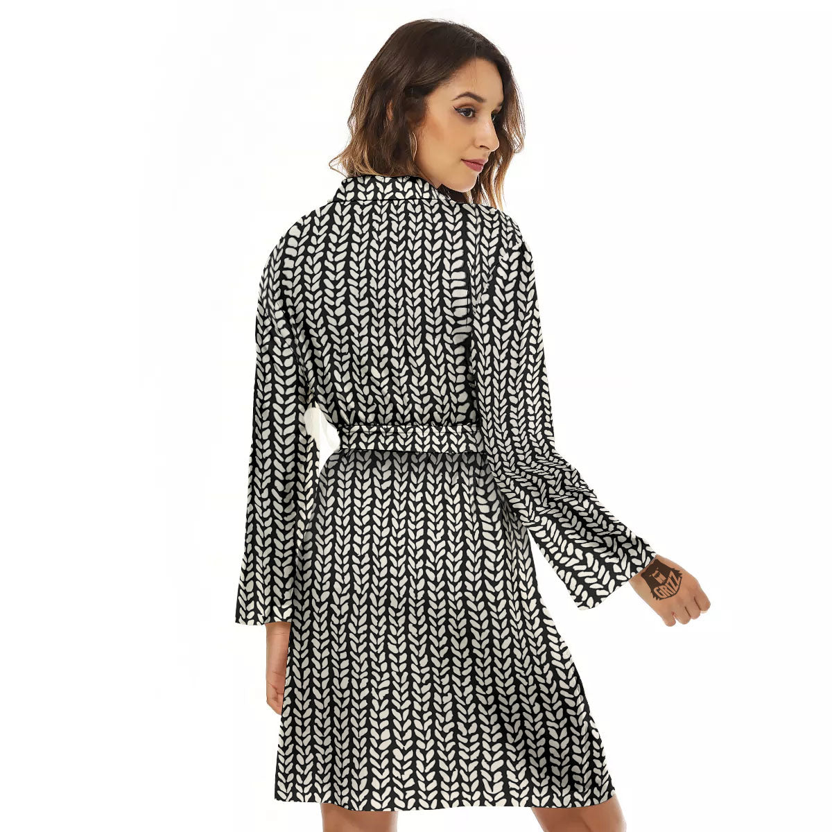 Knitted Texture White And Black Print Pattern Women's Robe-grizzshop
