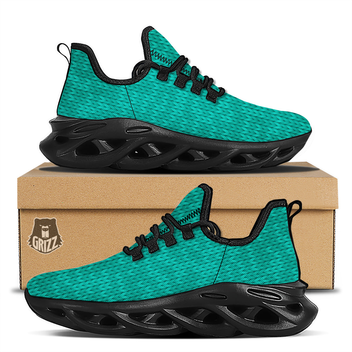 Knitted Turquoise Print Pattern Black Running Shoes-grizzshop