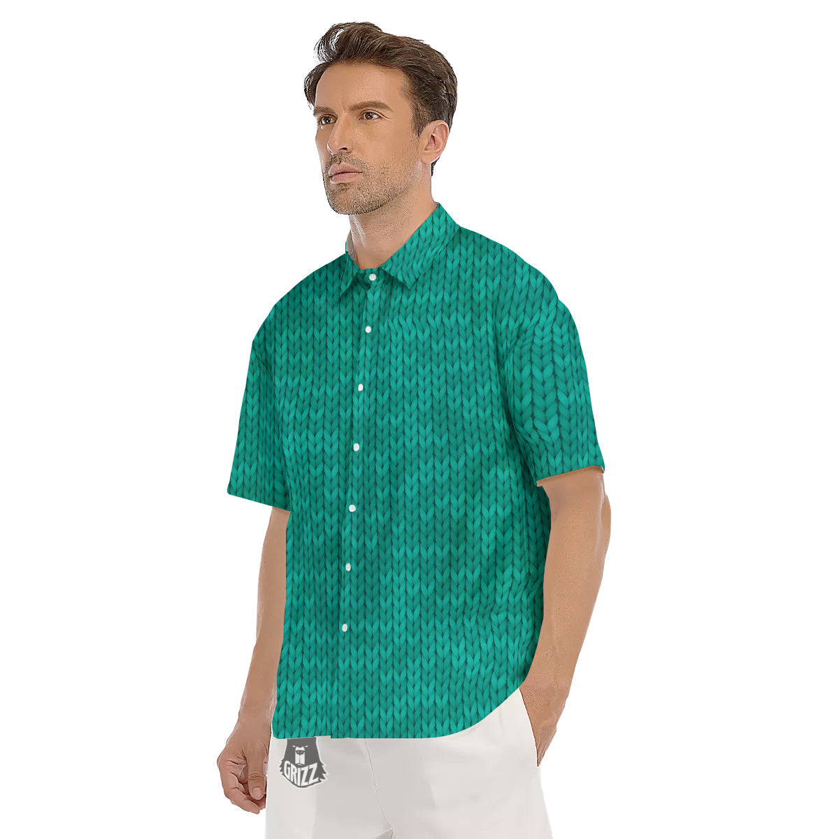 Knitted Turquoise Print Pattern Men's Short Sleeve Shirts-grizzshop