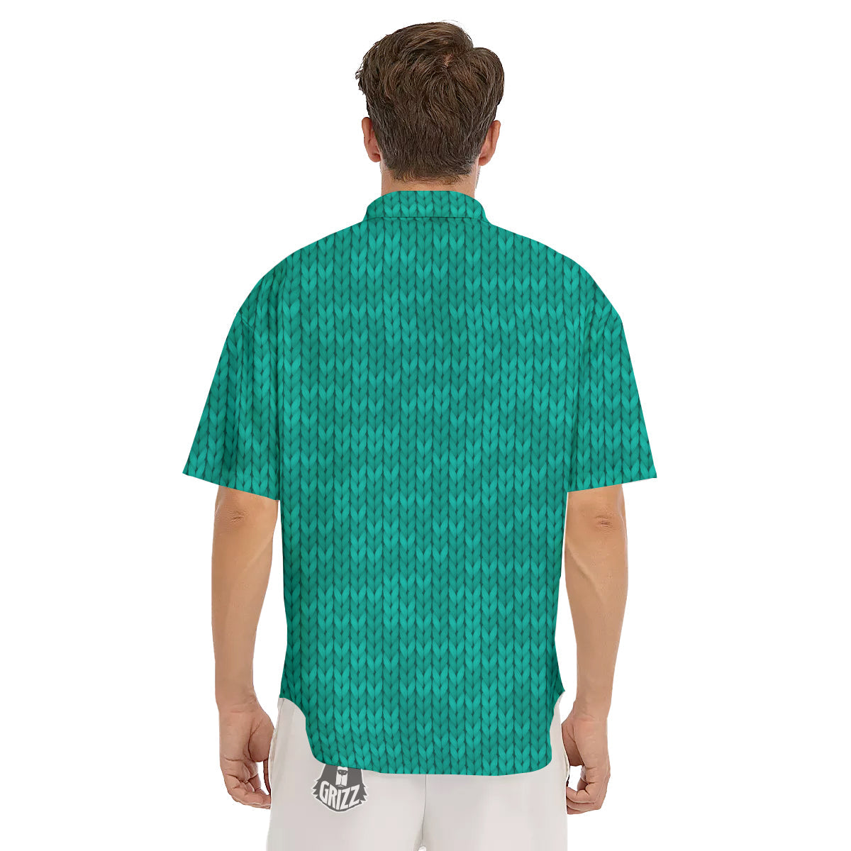 Knitted Turquoise Print Pattern Men's Short Sleeve Shirts-grizzshop