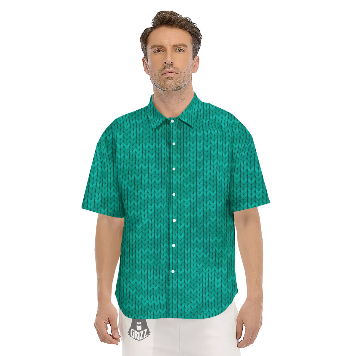 Knitted Turquoise Print Pattern Men's Short Sleeve Shirts-grizzshop