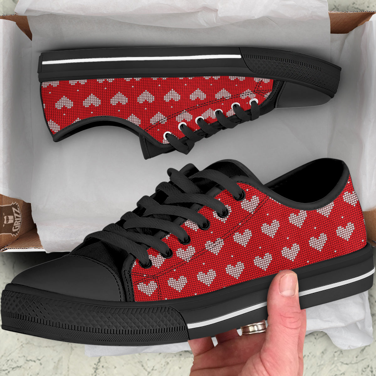 Knitted Valentine's Day Print Pattern Black Low Top Shoes-grizzshop