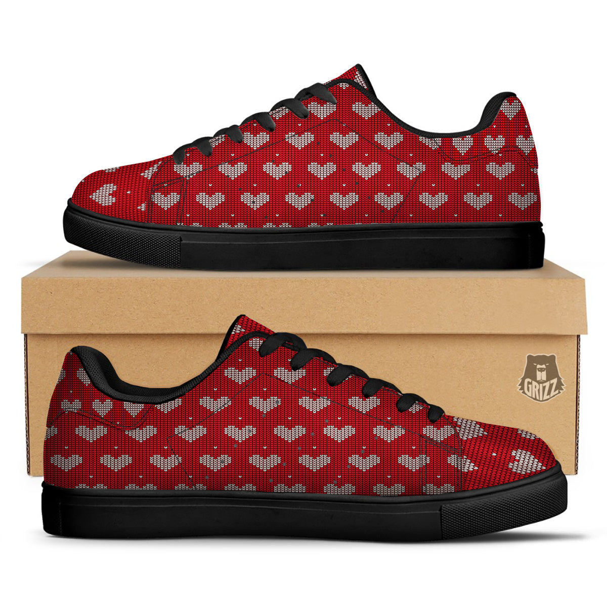 Knitted Valentine's Day Print Pattern Black Low Top Sneakers-grizzshop