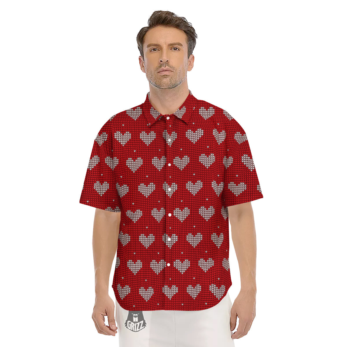 Knitted Valentine's Day Print Pattern Men's Short Sleeve Shirts-grizzshop