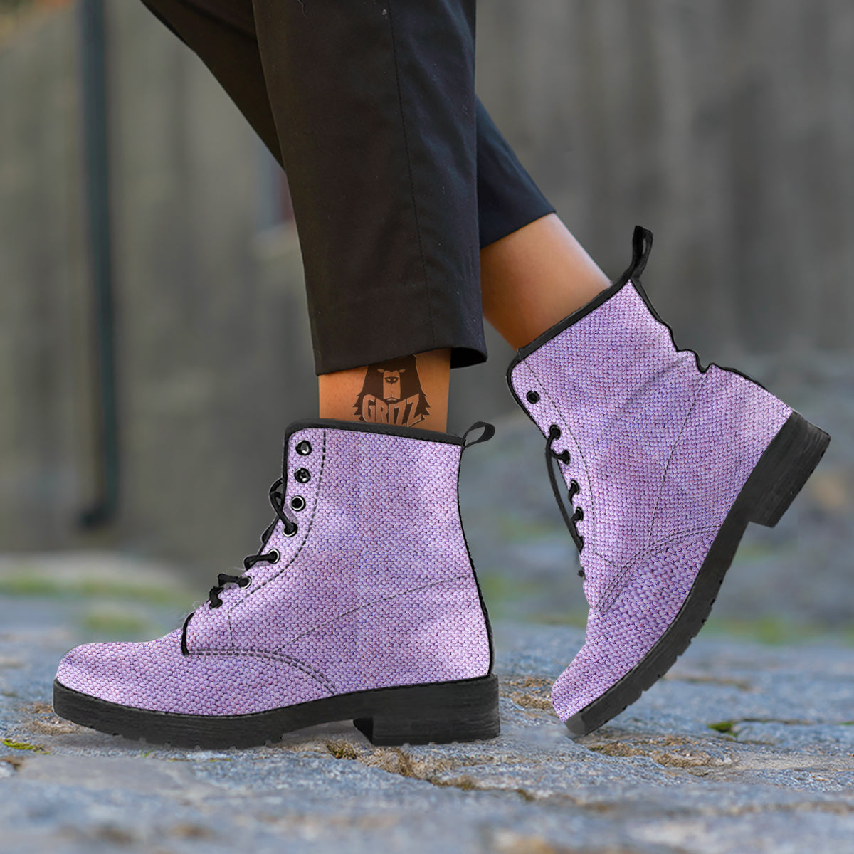 Knitted Violet Print Pattern Leather Boots-grizzshop