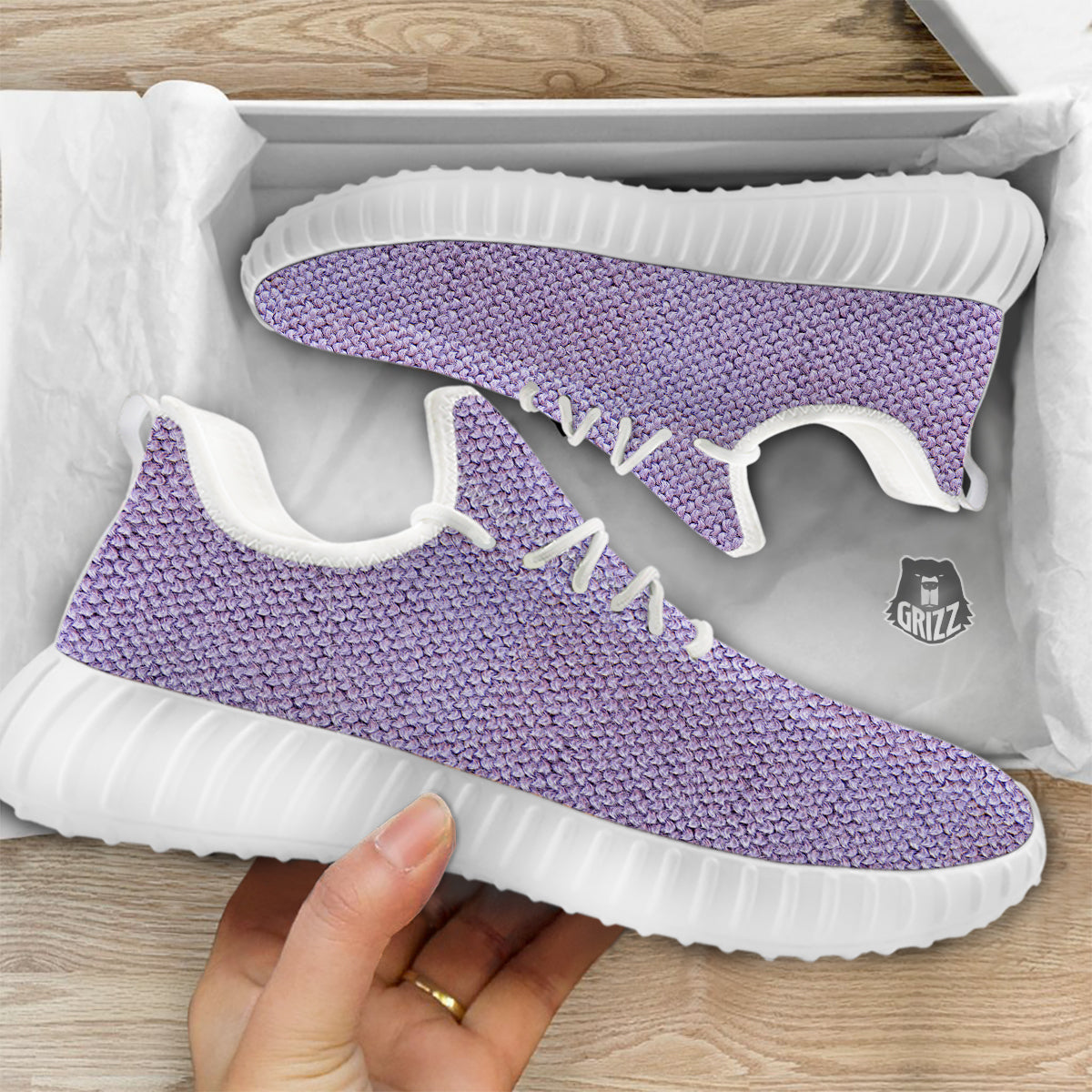 Knitted Violet Print Pattern White Walking Shoes-grizzshop