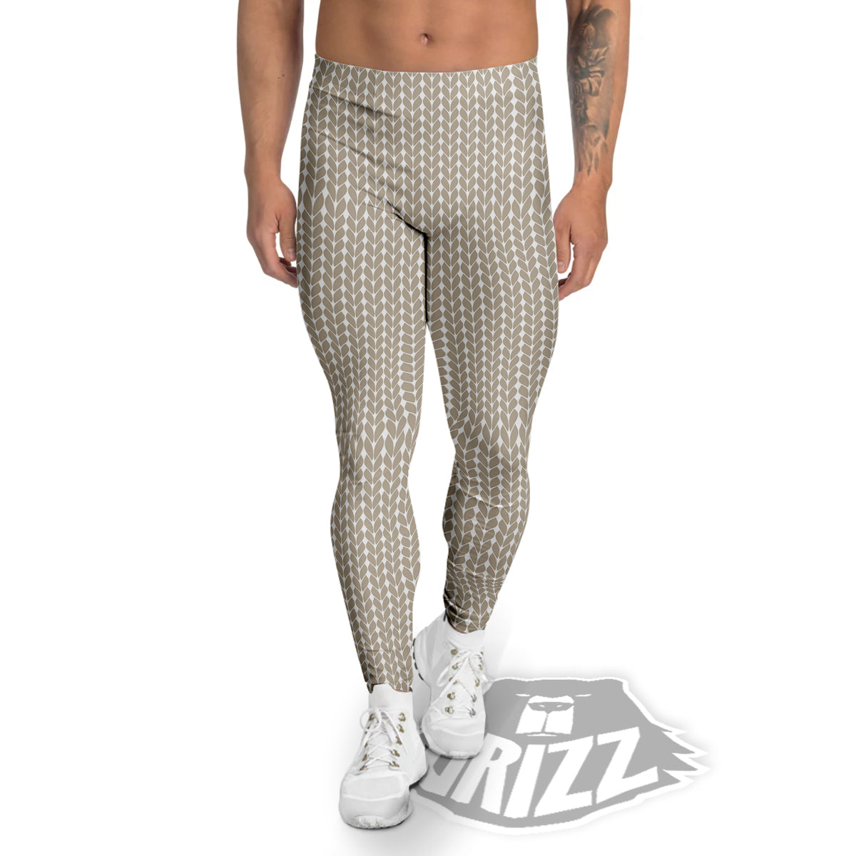 Knitted White And Beige Print Pattern Men's Leggings-grizzshop