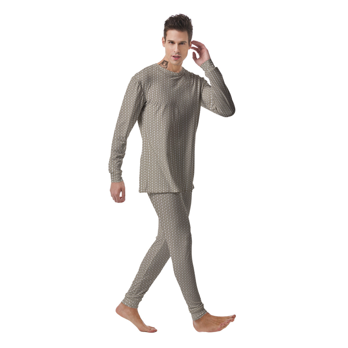 Knitted White And Beige Print Pattern Men's Pajamas-grizzshop