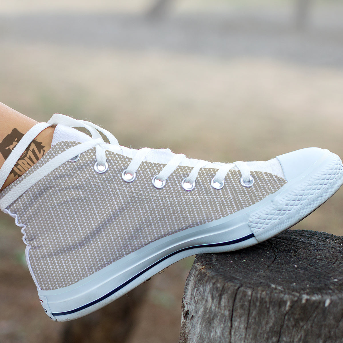 Knitted White And Beige Print Pattern White High Top Shoes-grizzshop
