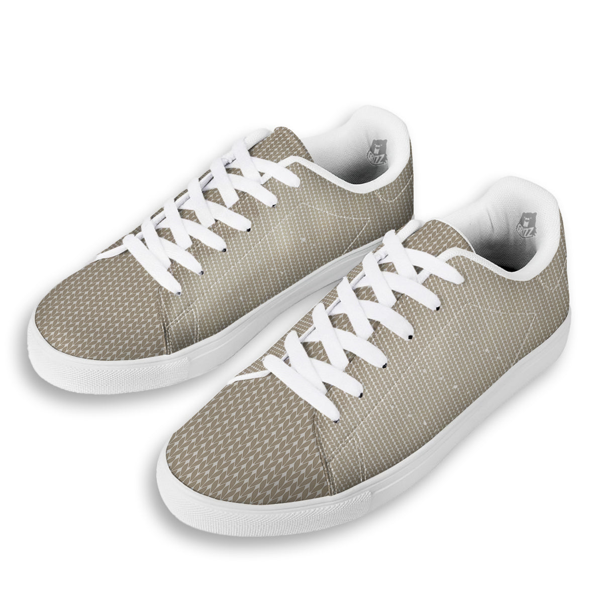 Knitted White And Beige Print Pattern White Low Top Sneakers-grizzshop