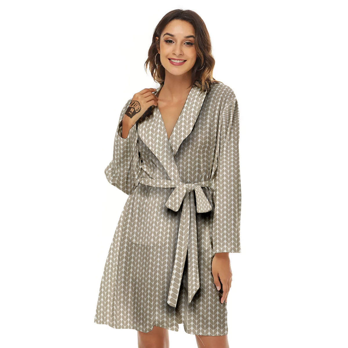 Knitted White And Beige Print Pattern Women's Robe-grizzshop