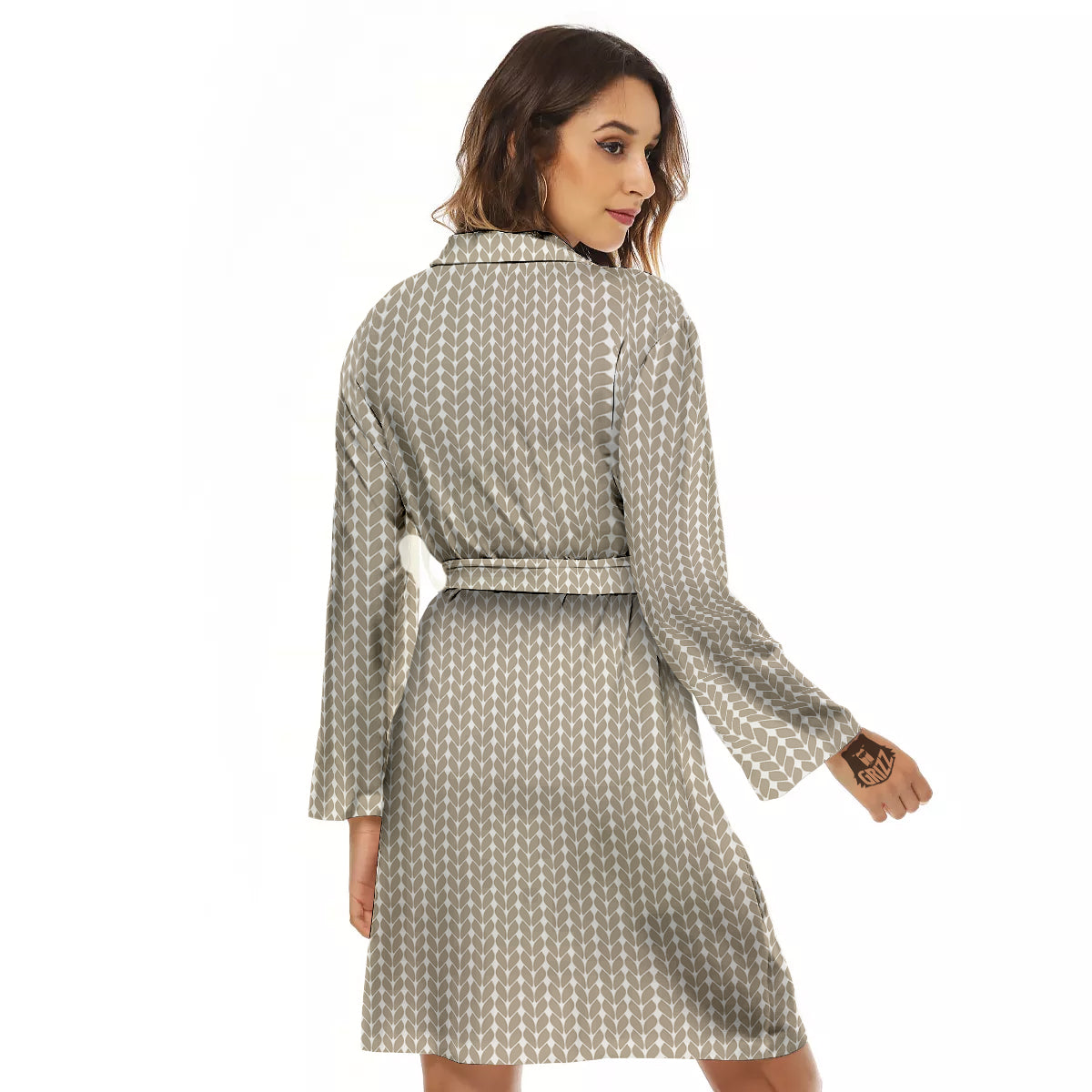 Knitted White And Beige Print Pattern Women's Robe-grizzshop