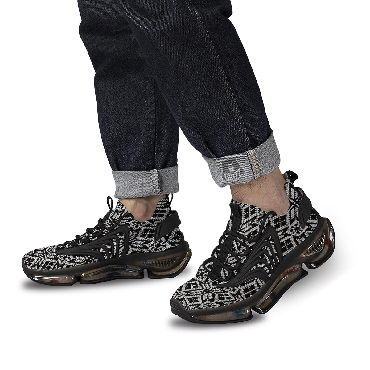 Knitted White And Black Print Pattern Black Gym Shoes-grizzshop