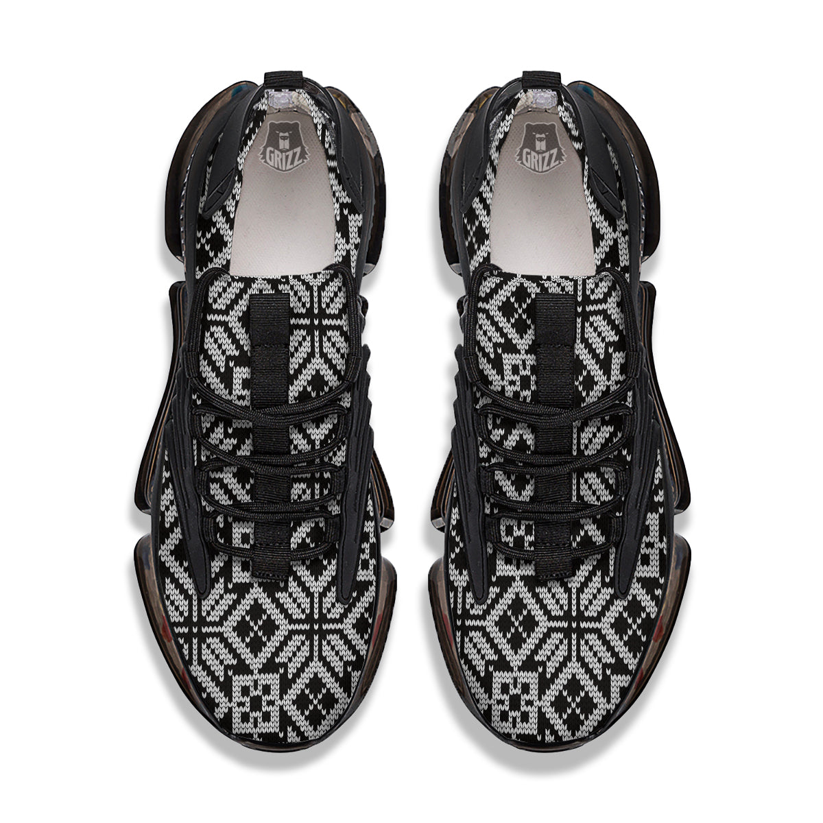 Knitted White And Black Print Pattern Black Gym Shoes-grizzshop