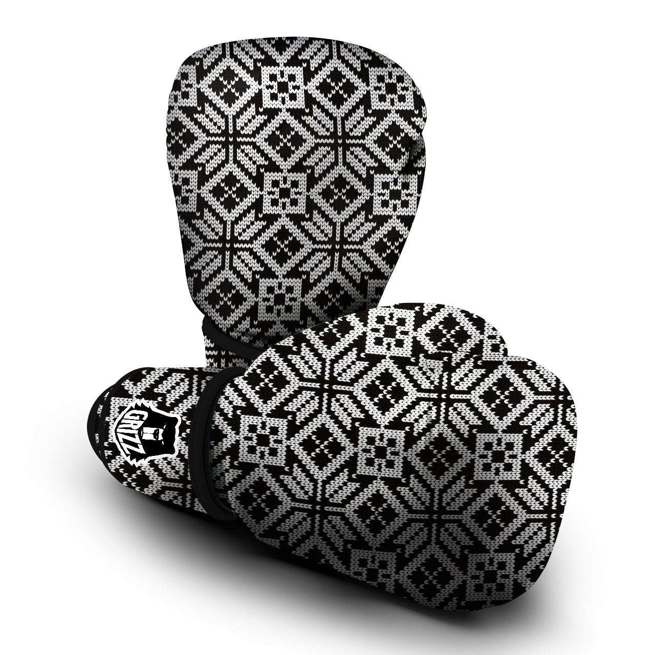 Knitted White And Black Print Pattern Boxing Gloves-grizzshop