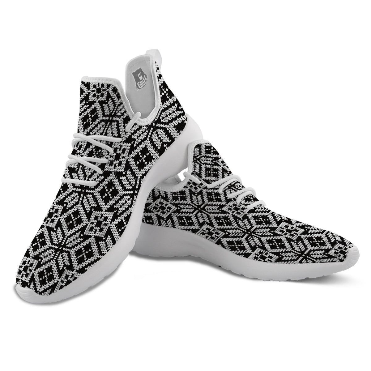 Knitted White And Black Print Pattern White Athletic Shoes-grizzshop