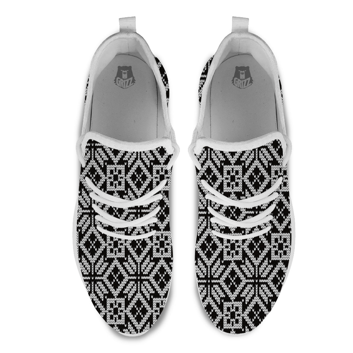 Knitted White And Black Print Pattern White Athletic Shoes-grizzshop