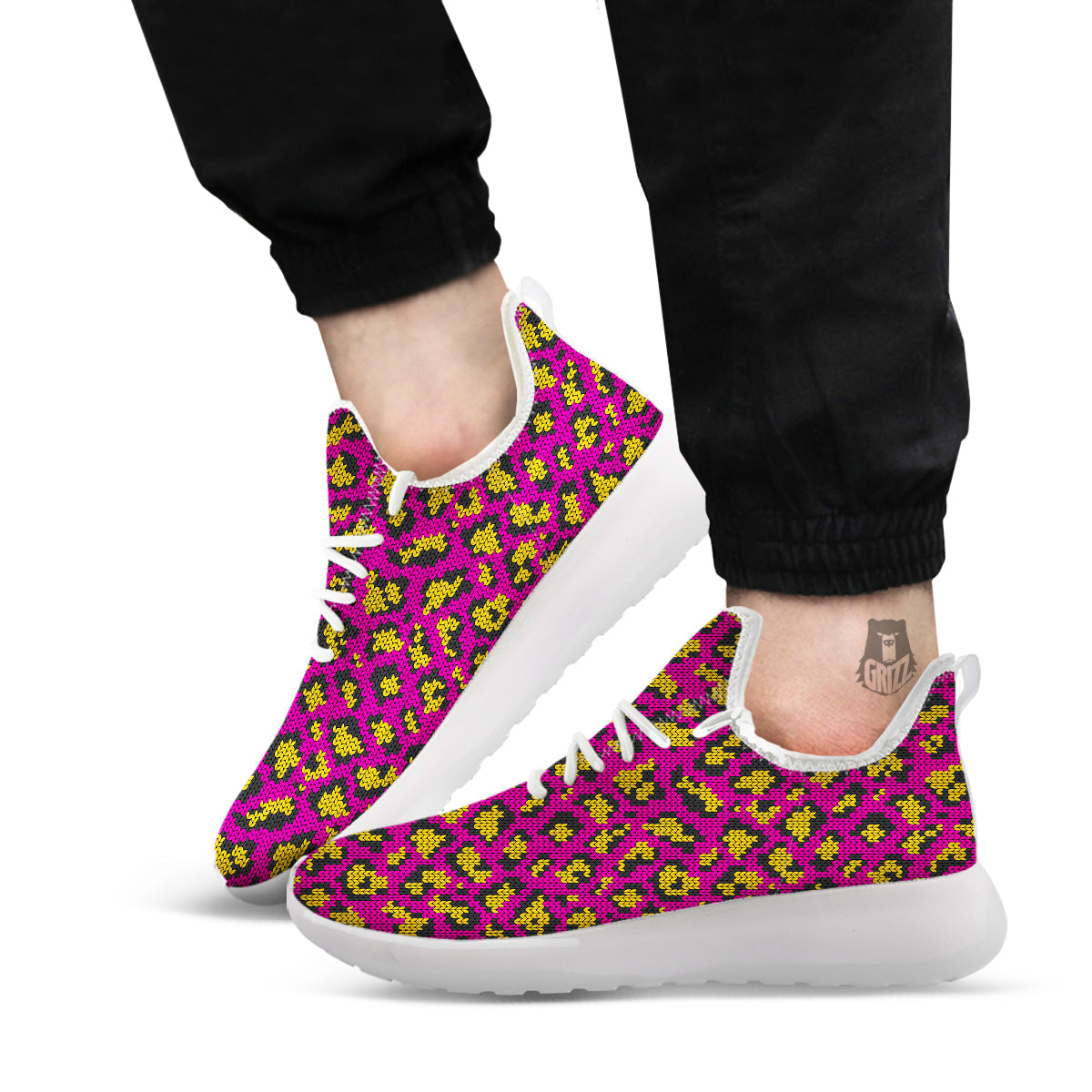 Knitted Wild Pink Leopard Print Pattern White Athletic Shoes-grizzshop