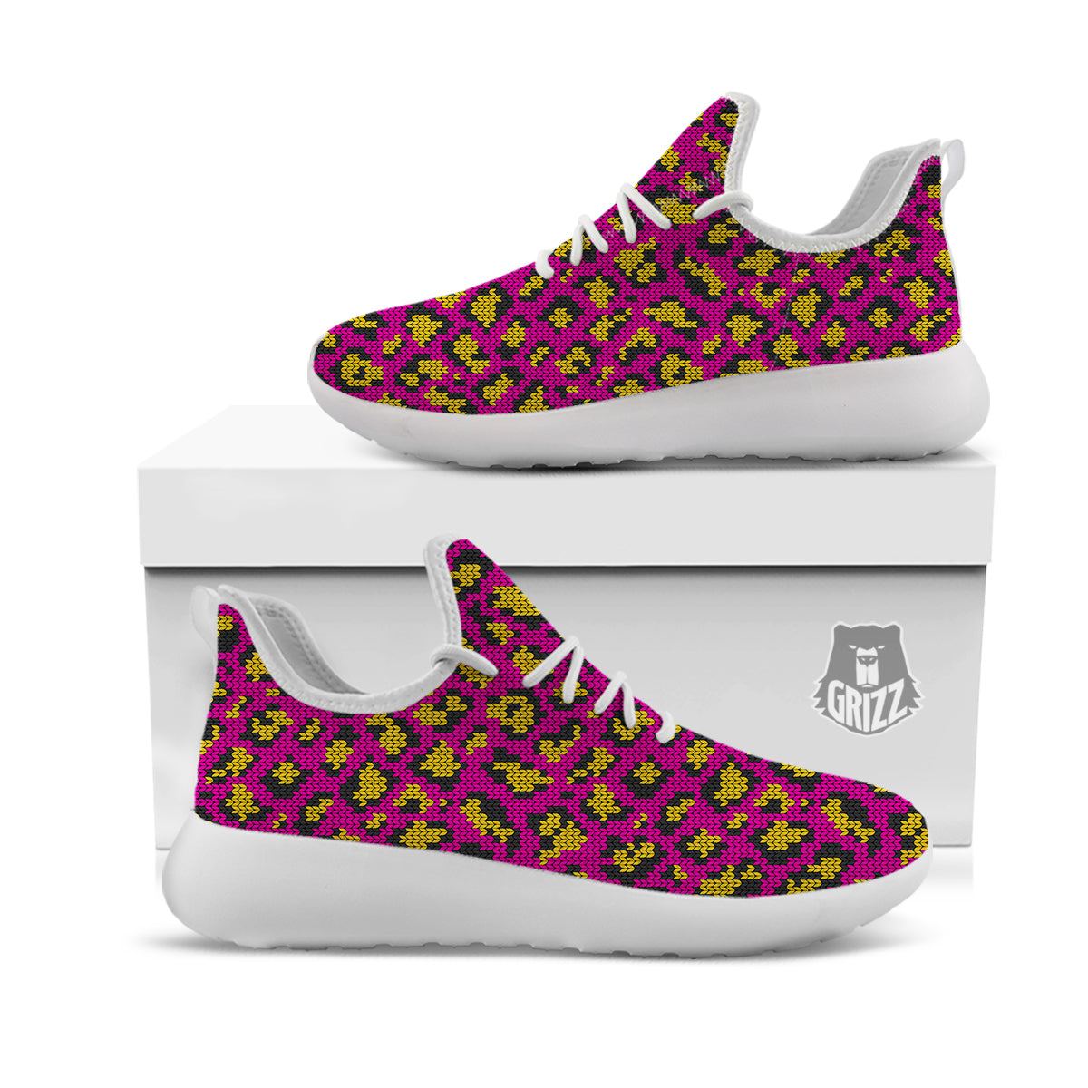 Knitted Wild Pink Leopard Print Pattern White Athletic Shoes-grizzshop