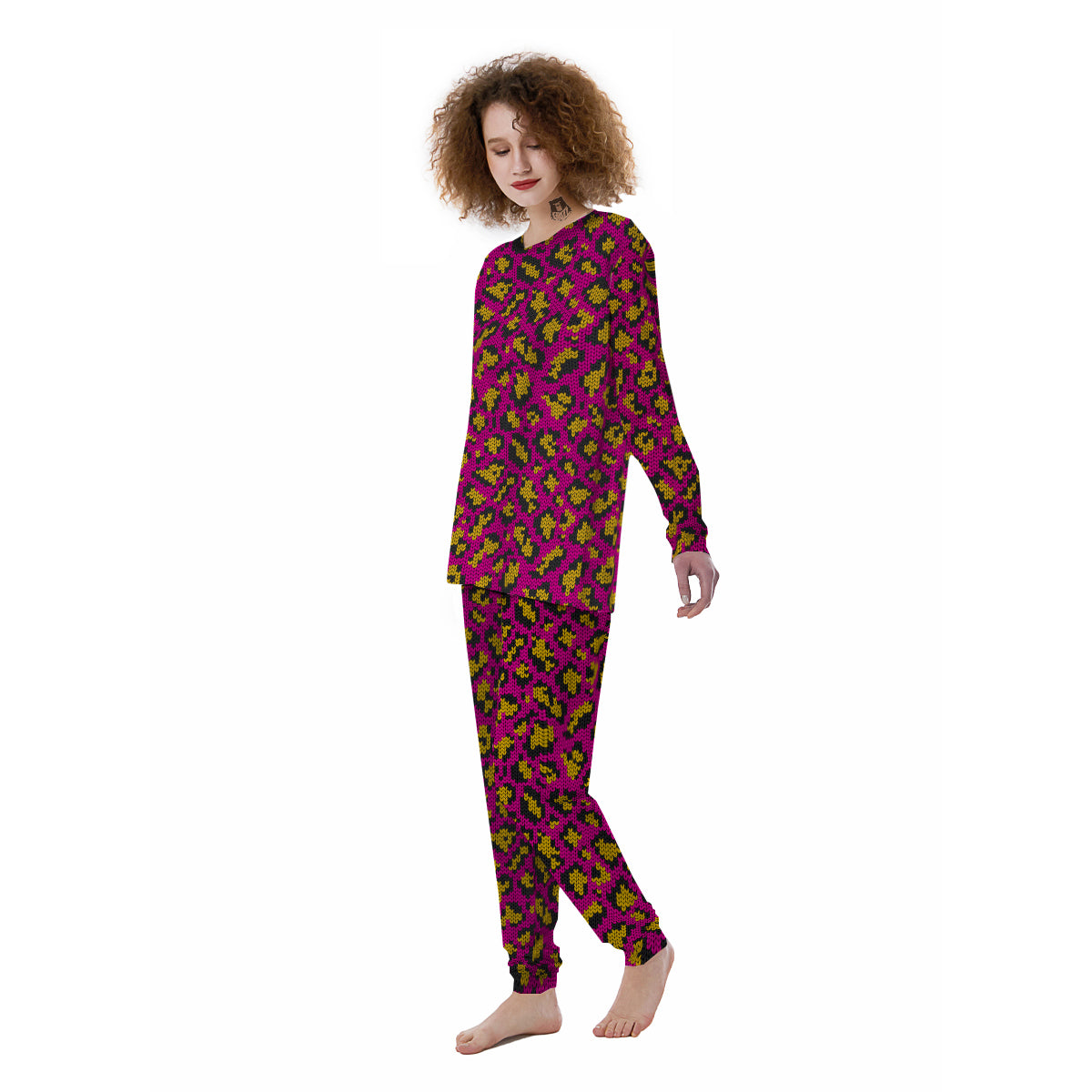 Knitted Wild Pink Leopard Print Pattern Women's Pajamas-grizzshop