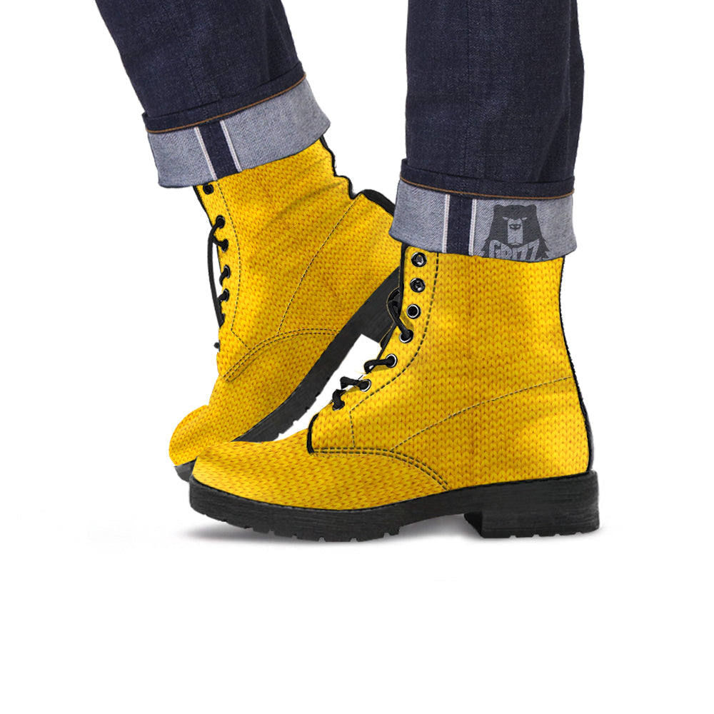 Knitted Yellow Print Pattern Leather Boots-grizzshop