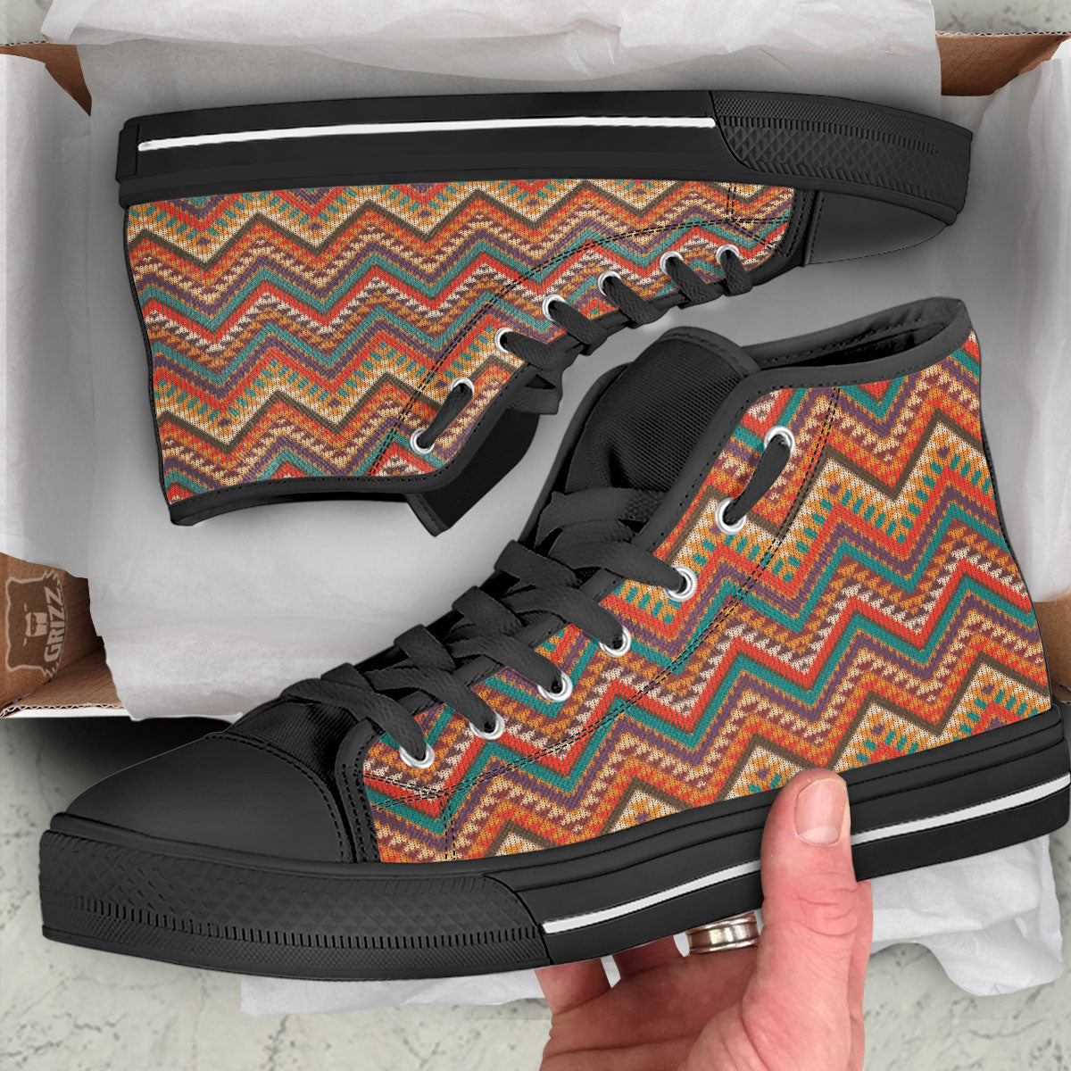 Knitted Zigzag Print Pattern Black High Top Shoes-grizzshop