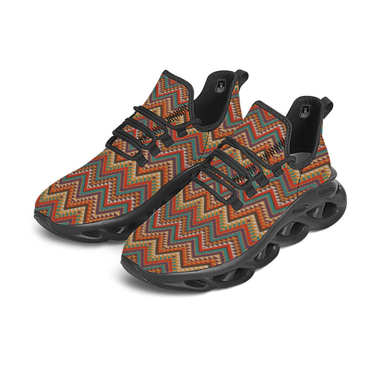 Knitted Zigzag Print Pattern Black Running Shoes-grizzshop