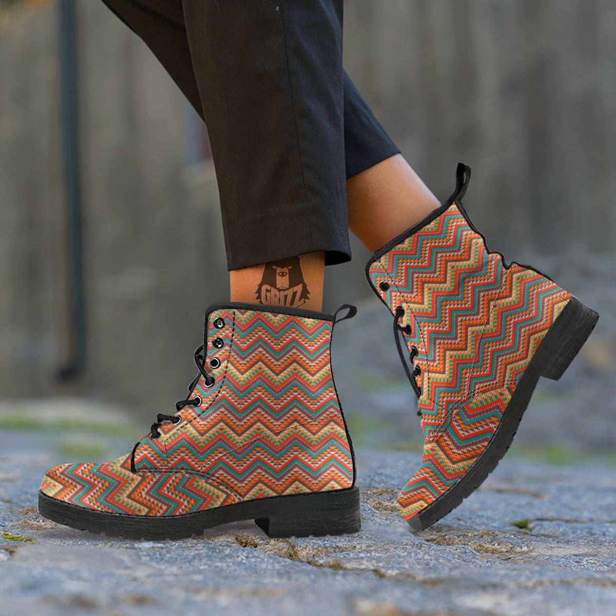 Knitted Zigzag Print Pattern Leather Boots-grizzshop