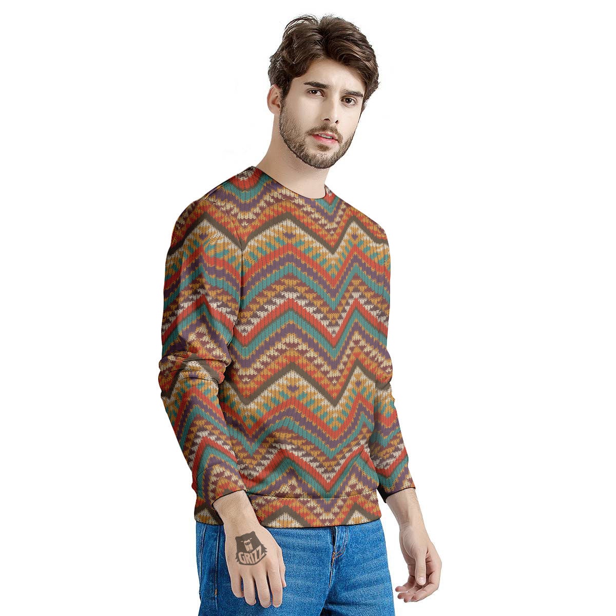 Knitted Zigzag Print Pattern Men's Sweatshirt-grizzshop