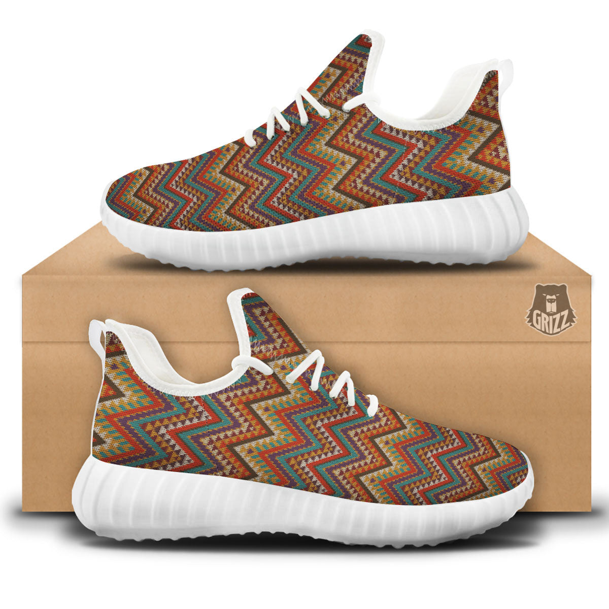 Knitted Zigzag Print Pattern White Walking Shoes-grizzshop
