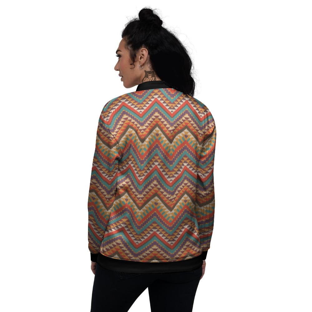 Knitted Zigzag Print Pattern Women's Bomber Jacket-grizzshop