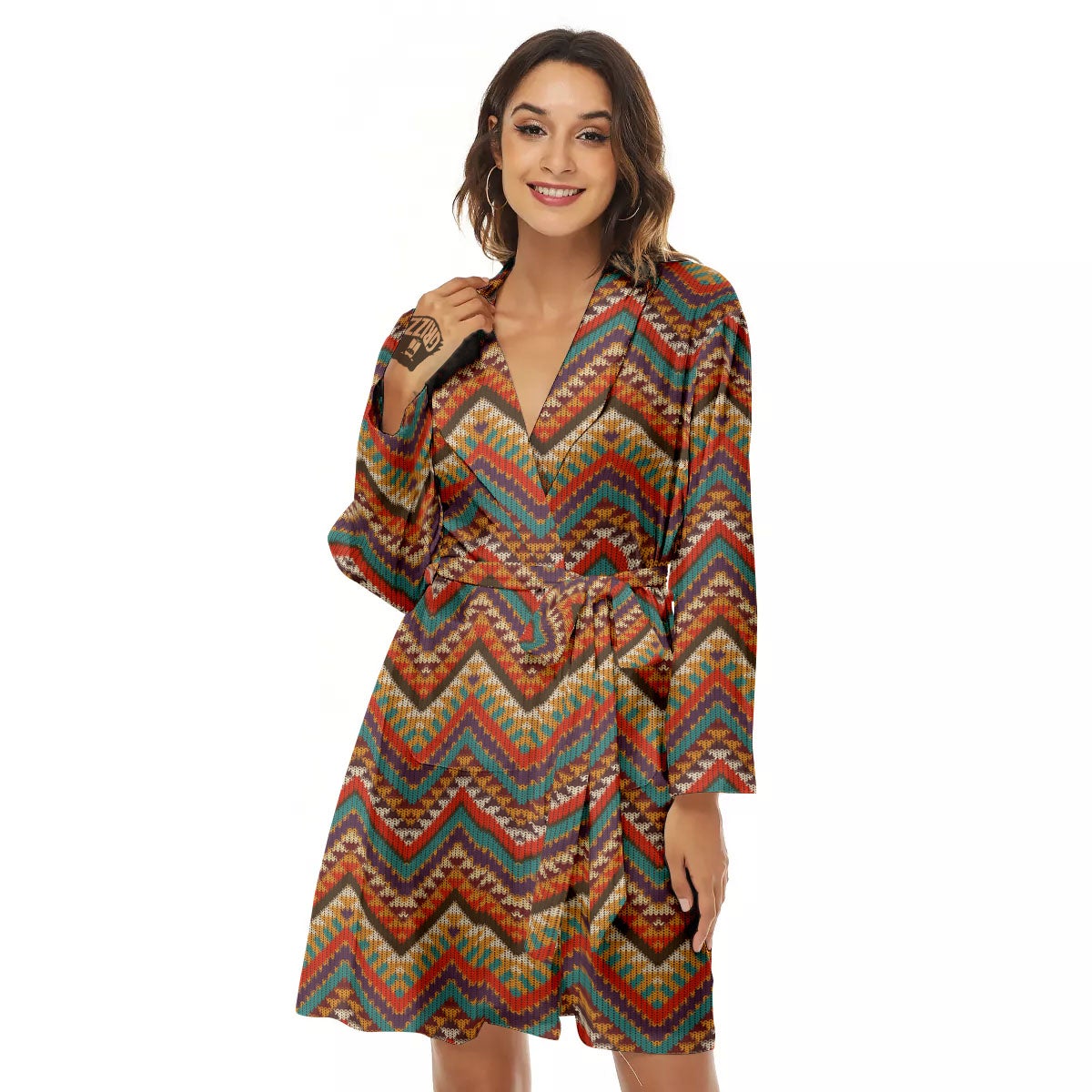 Knitted Zigzag Print Pattern Women's Robe-grizzshop