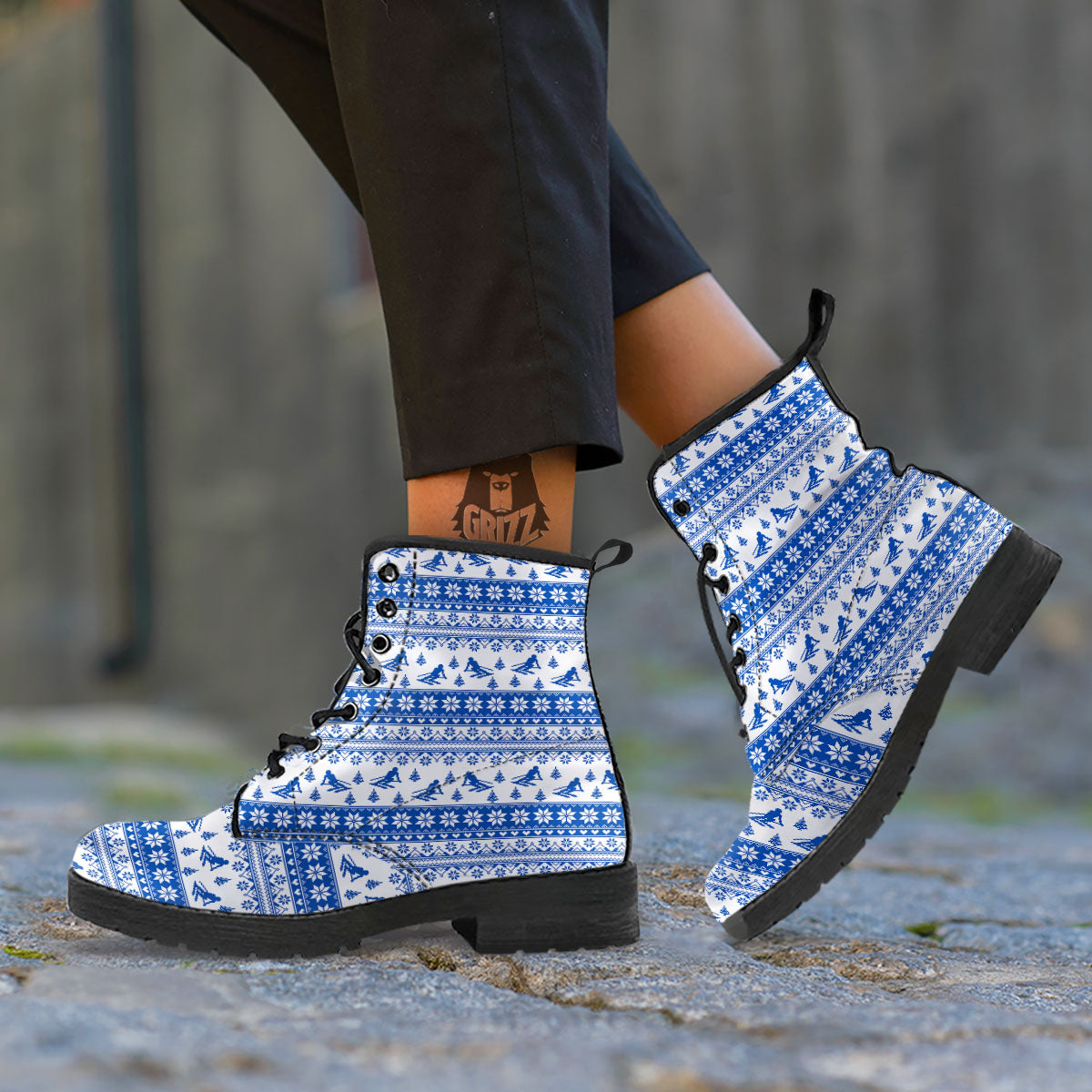 Knitting Winter Ski Print Pattern Leather Boots-grizzshop