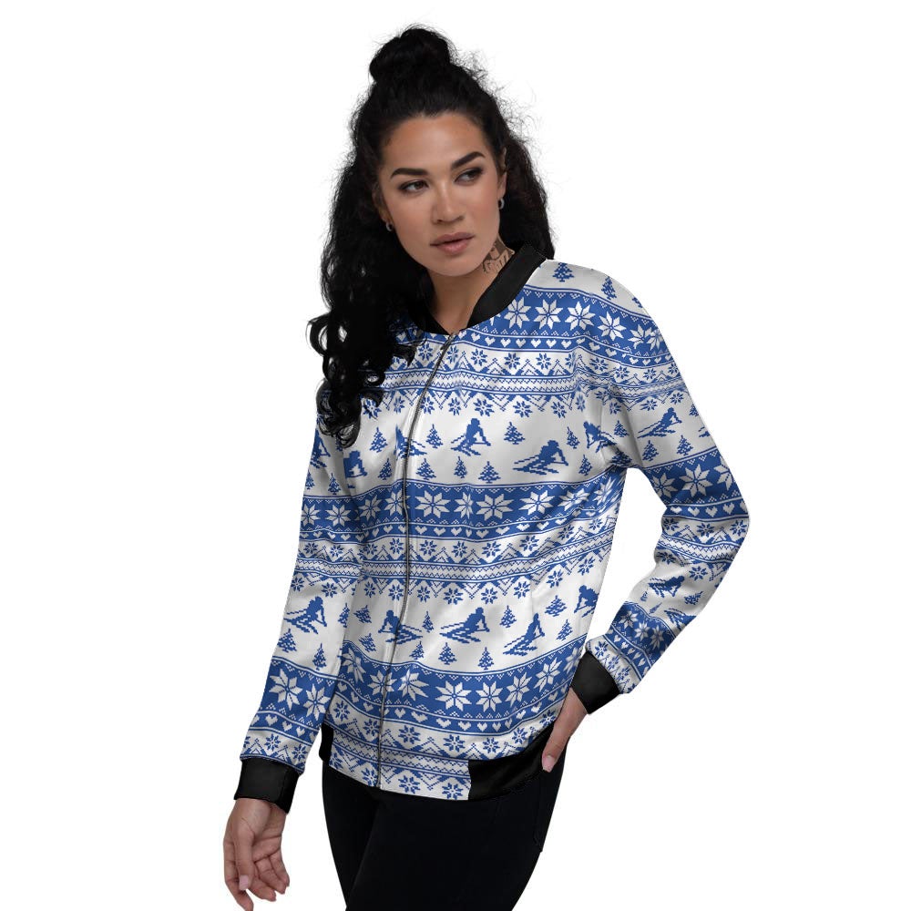 Knitting Winter Ski Print Pattern Women's Bomber Jacket-grizzshop