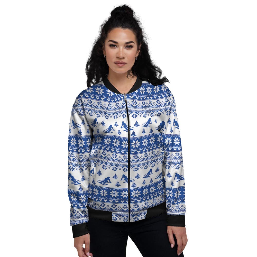 Knitting Winter Ski Print Pattern Women's Bomber Jacket-grizzshop