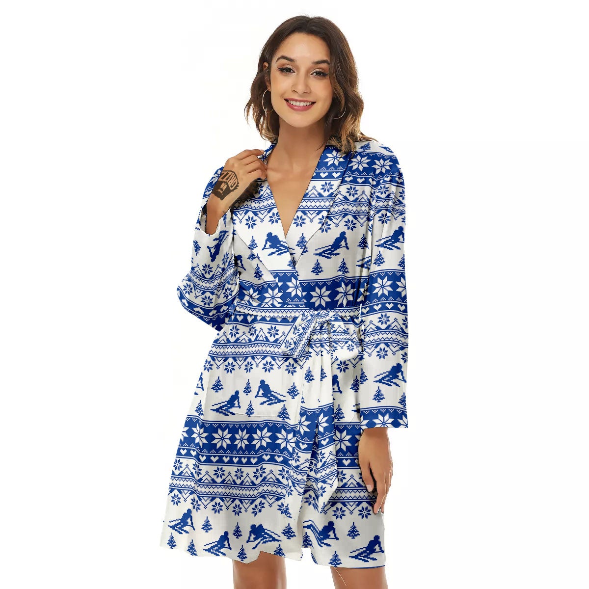 Knitting Winter Ski Print Pattern Women's Robe-grizzshop