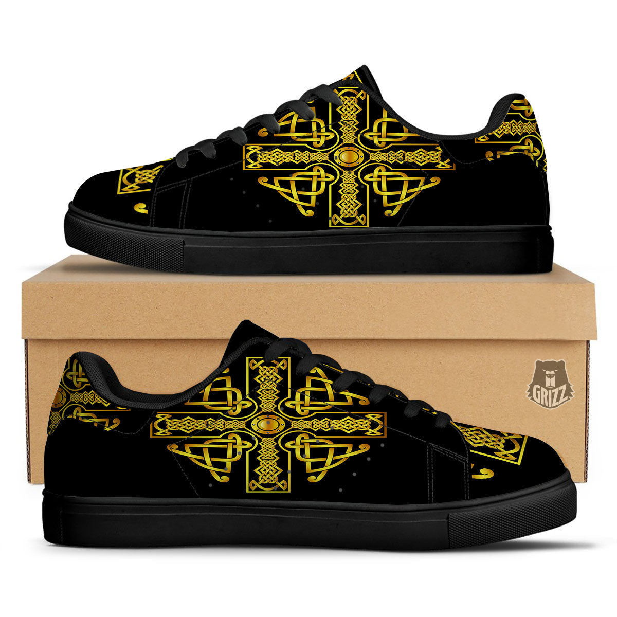 Knot Cross Gold Celtic Print Black Low Top Sneakers-grizzshop
