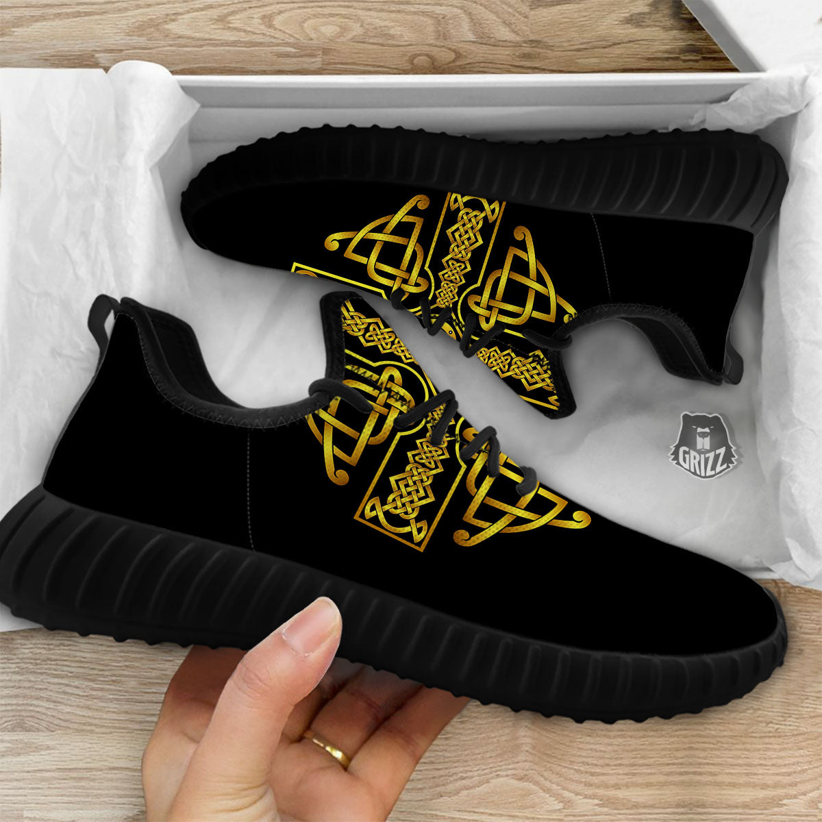 Knot Cross Gold Celtic Print Black Walking Shoes-grizzshop