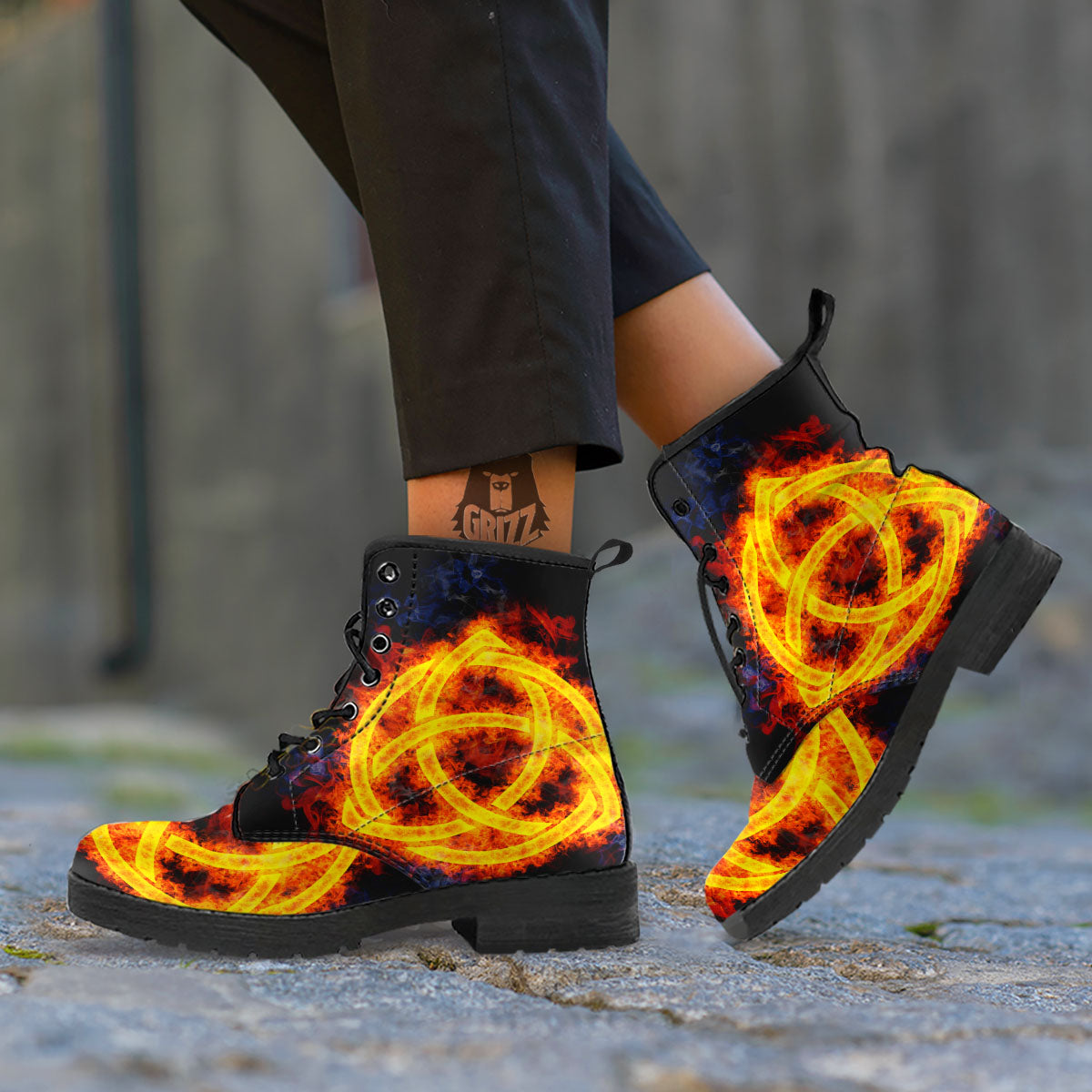 Knot Fire Celtic Print Leather Boots-grizzshop