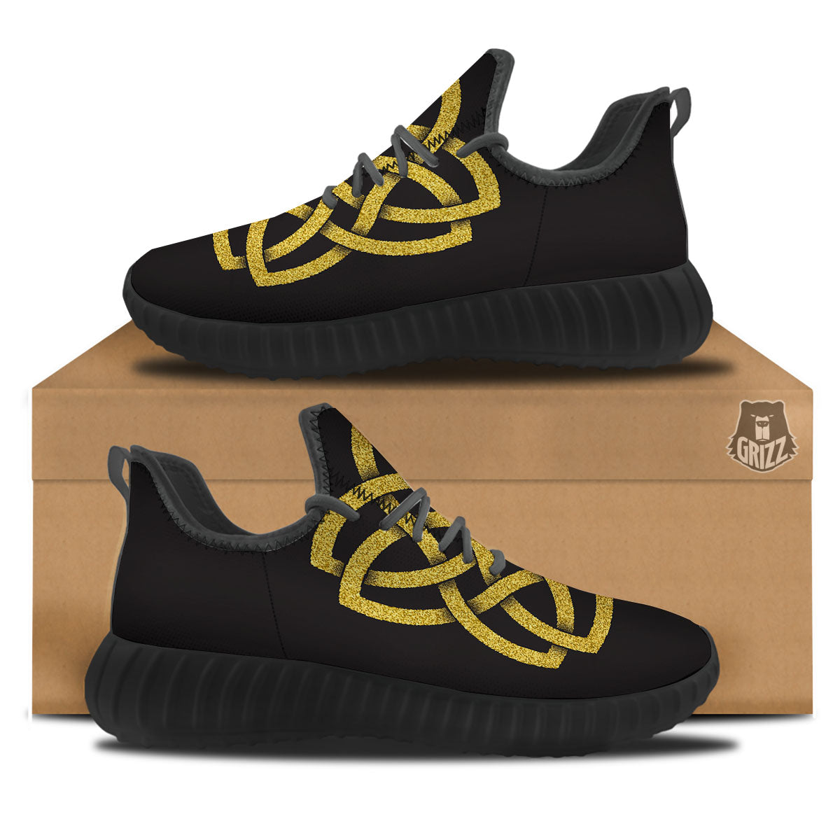 Knot Symbol Gold Celtic Print Black Walking Shoes-grizzshop