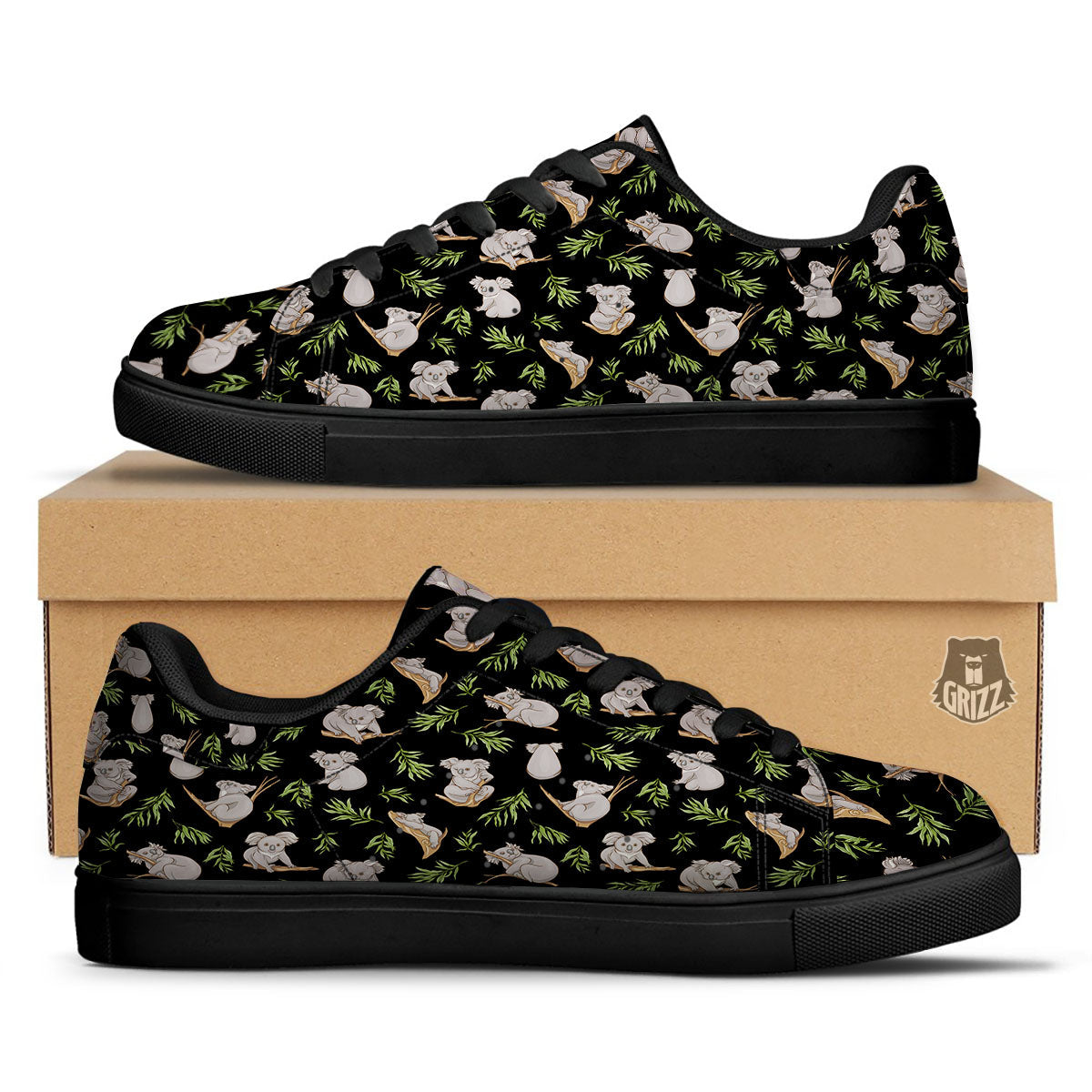 Koala Bear Black Print Pattern Black Low Top Sneakers-grizzshop