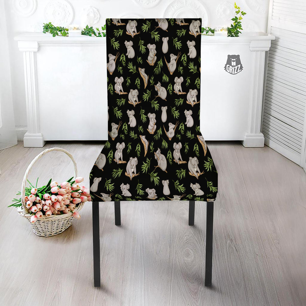 Koala Bear Black Print Pattern Dining Chair Slipcover-grizzshop