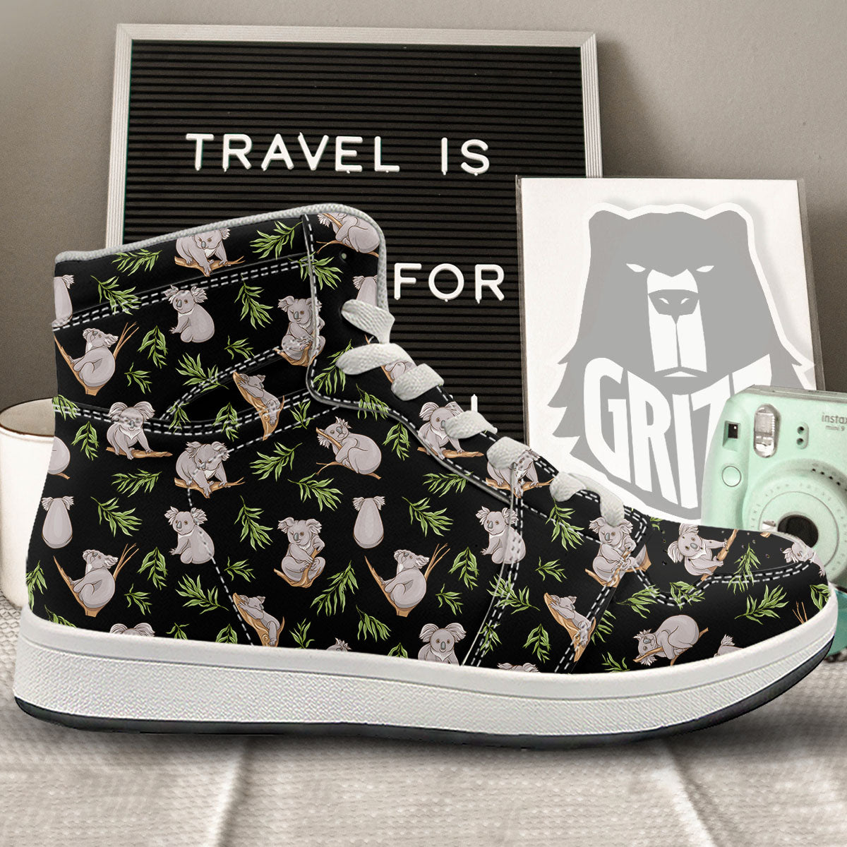 Koala Bear Black Print Pattern High Top Sneakers-grizzshop
