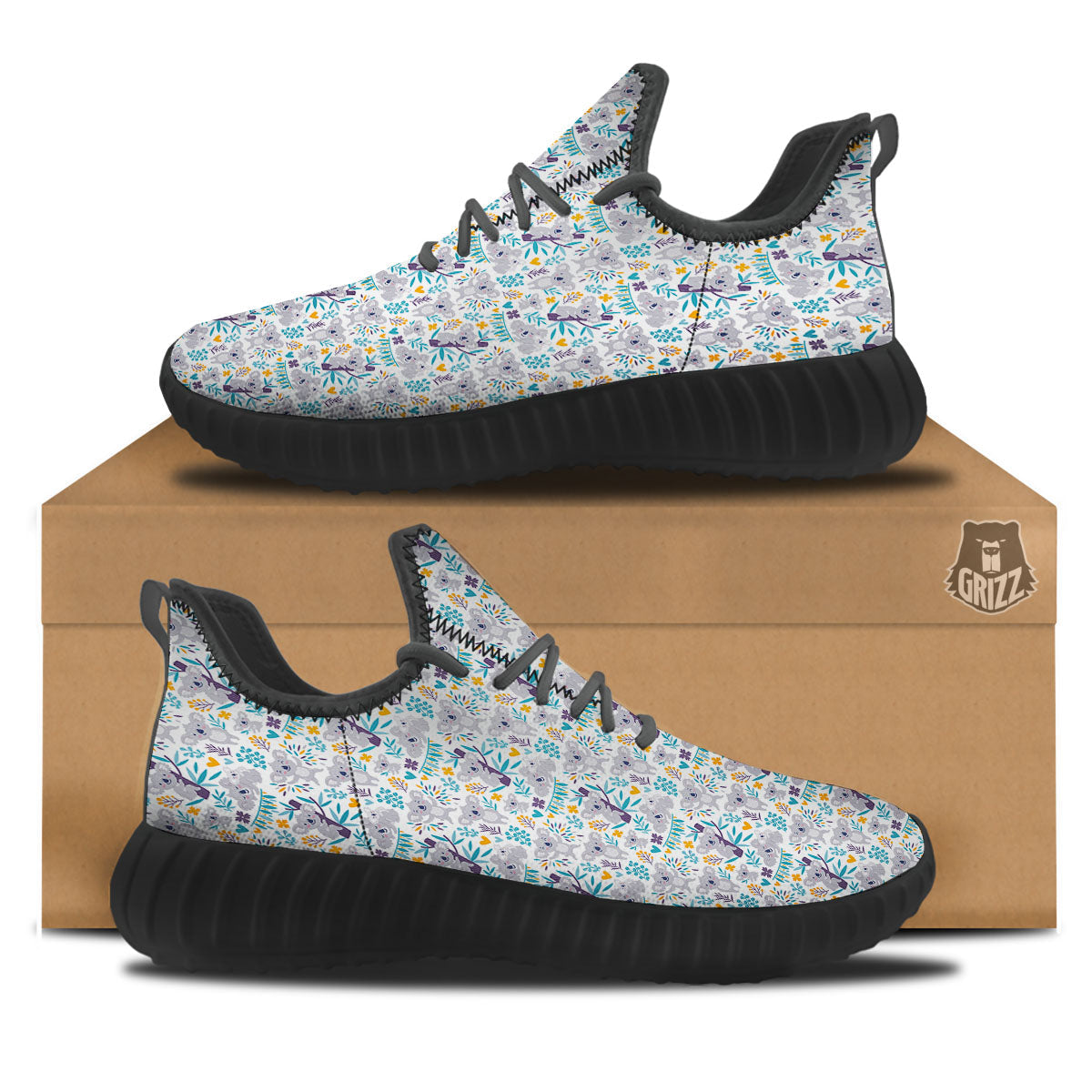 Koala Cartoon Print Pattern Black Walking Shoes-grizzshop