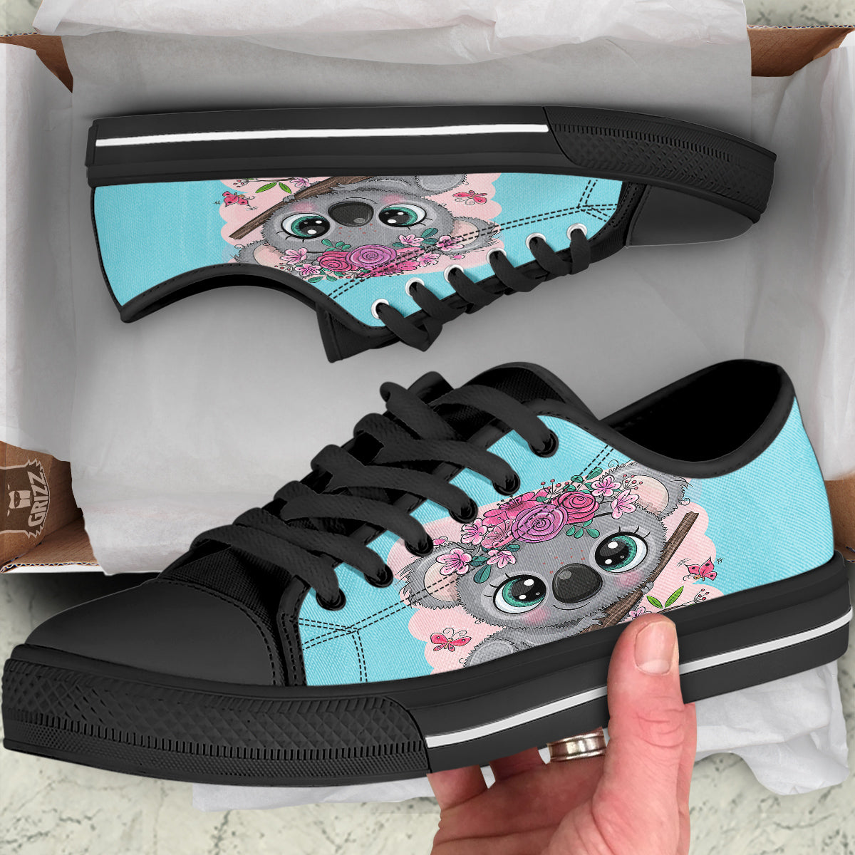 Koala Cute Print Black Low Top Shoes-grizzshop